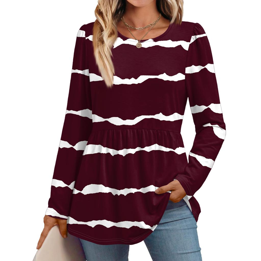 Women's Casual Fashion Long Sleeve Shirt Striped Tunic Top