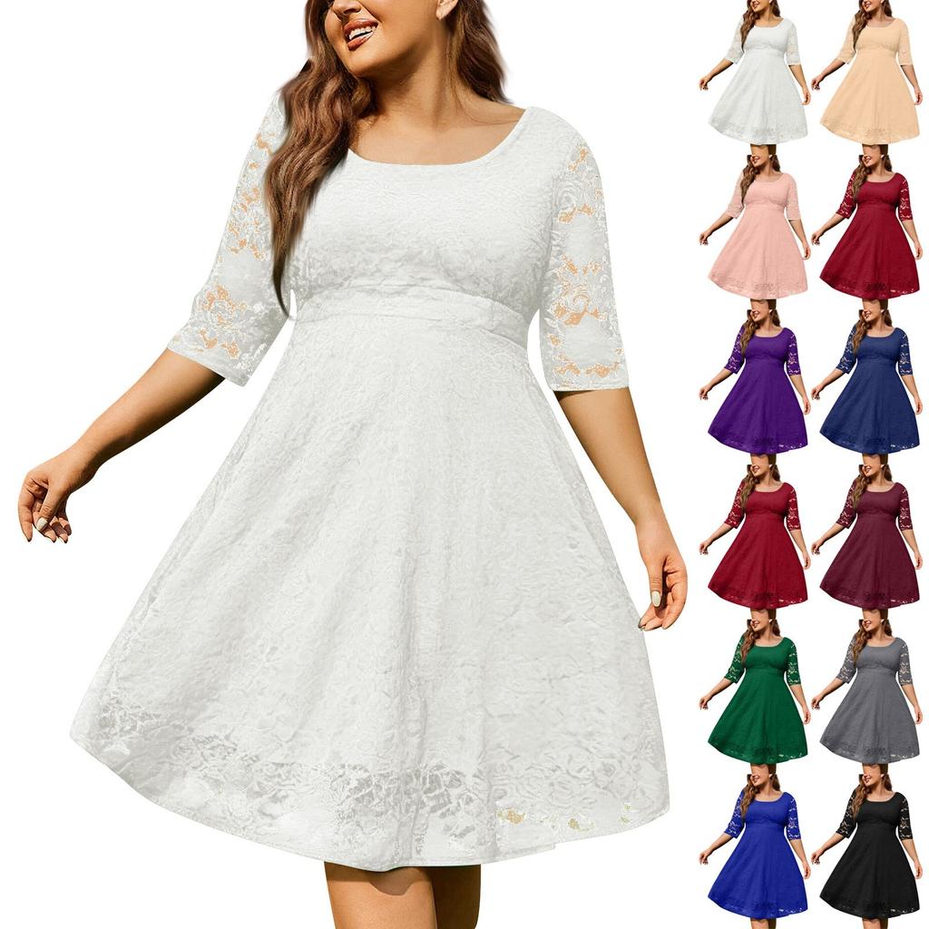 Women's Temperament Three-quarter Sleeve Lace Casual Solid Color O-Neck Plus Size Dress