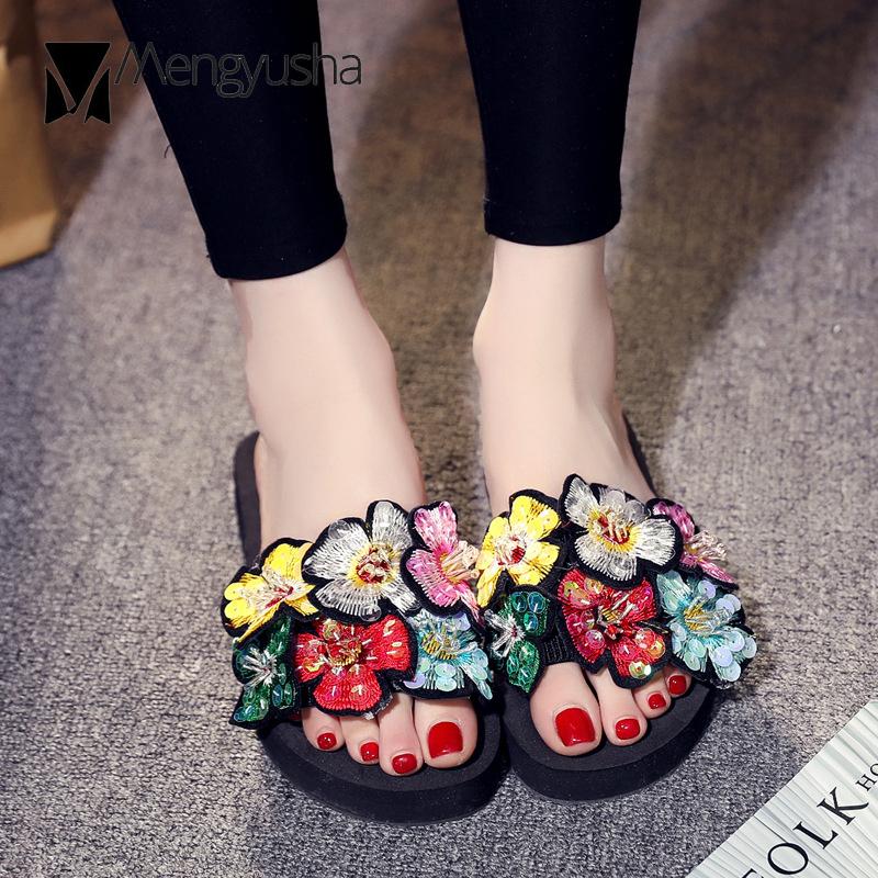 Fashion Colorful Floral Beach Slippers Woman Platform Sandalias Cozy Slip On Shoes Woman Flipflops Mujer Bling Size 35-42 Slides