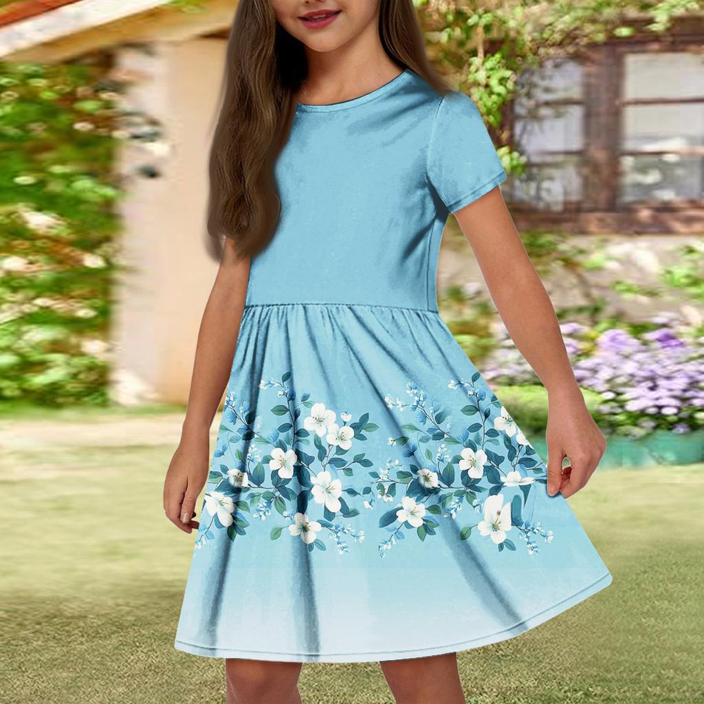 Летнее платье для девочек, однотонное платье без рукавов с принтом и карманом, повседневное платье, вечернее платье с короткими рукавами