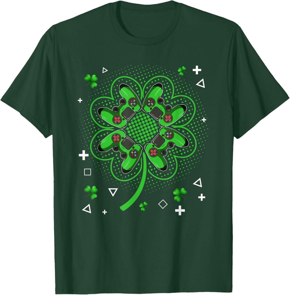 Gamer Shamrock Clover Controller St Patricks Day Graphic Tee Men Casual Trip T-Shirt