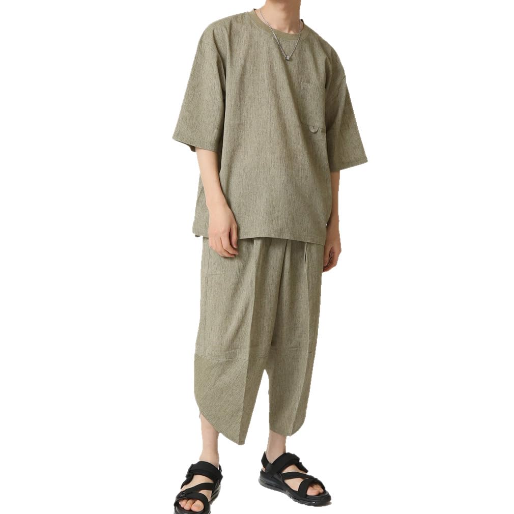 Japanese Style Top and Bottom Willow Sarouel Relaxing Hemp Khaki [Arcade] Men's Set, Jinbei, Material, Pants, Men's Wear, Loungewear, Roomwear, Pants,