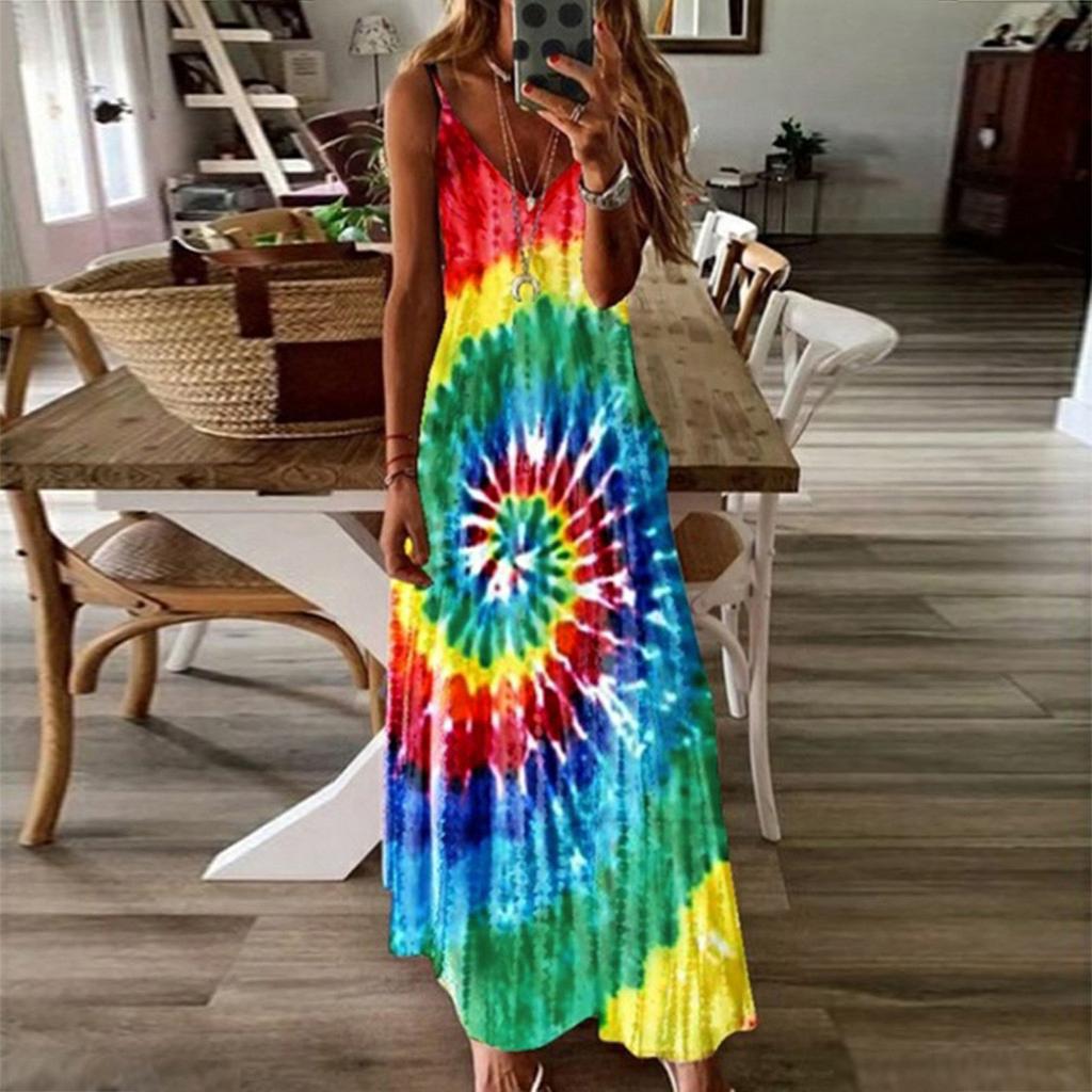 Women's Sleeveless Loose V-Neck Plain Tie-dye Printing Maxi Dresses Long Dress
