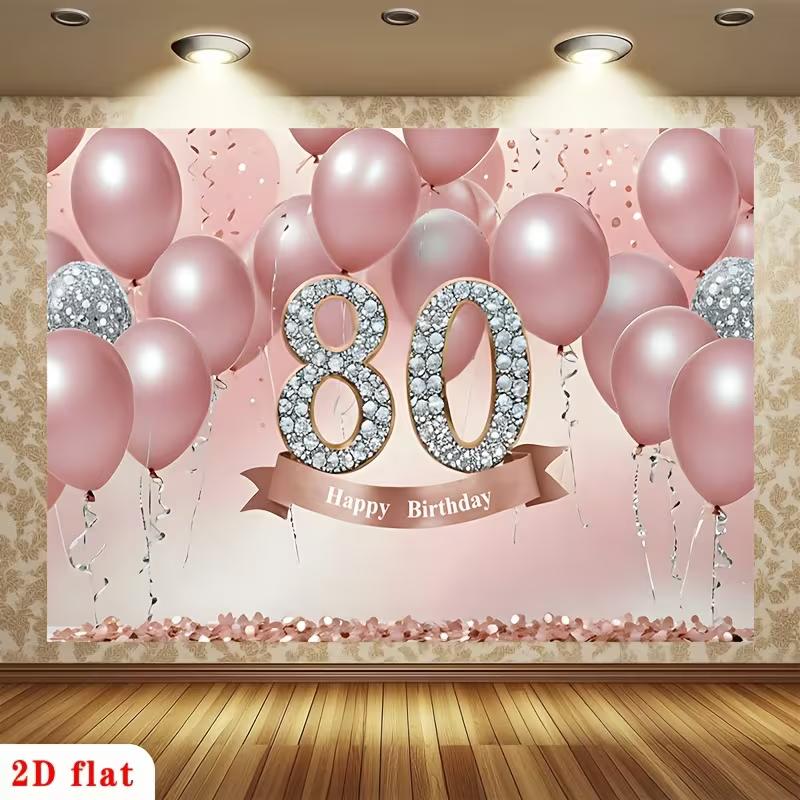 2D Elegant Blush Pink 80th Birthday Party Banner with Confetti