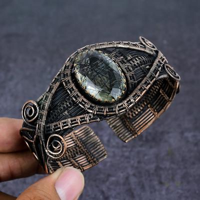 Браслет-манжета из натурального черного рутилового драгоценного камня с медной проволокой, регулируемый R7N37