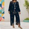 Women Plus Size Round Neck Long Sleeve Floral Printed Layered Top Wide Leg Cropped Pants Two Piece Set