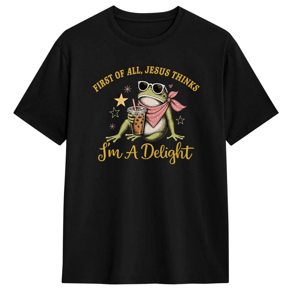 First Of All Jesus Thinks Im A Delight Vintage Frog Graphic Tshirt Summer Hipster T Shirts Cotton Comfortable Plus Size Tees