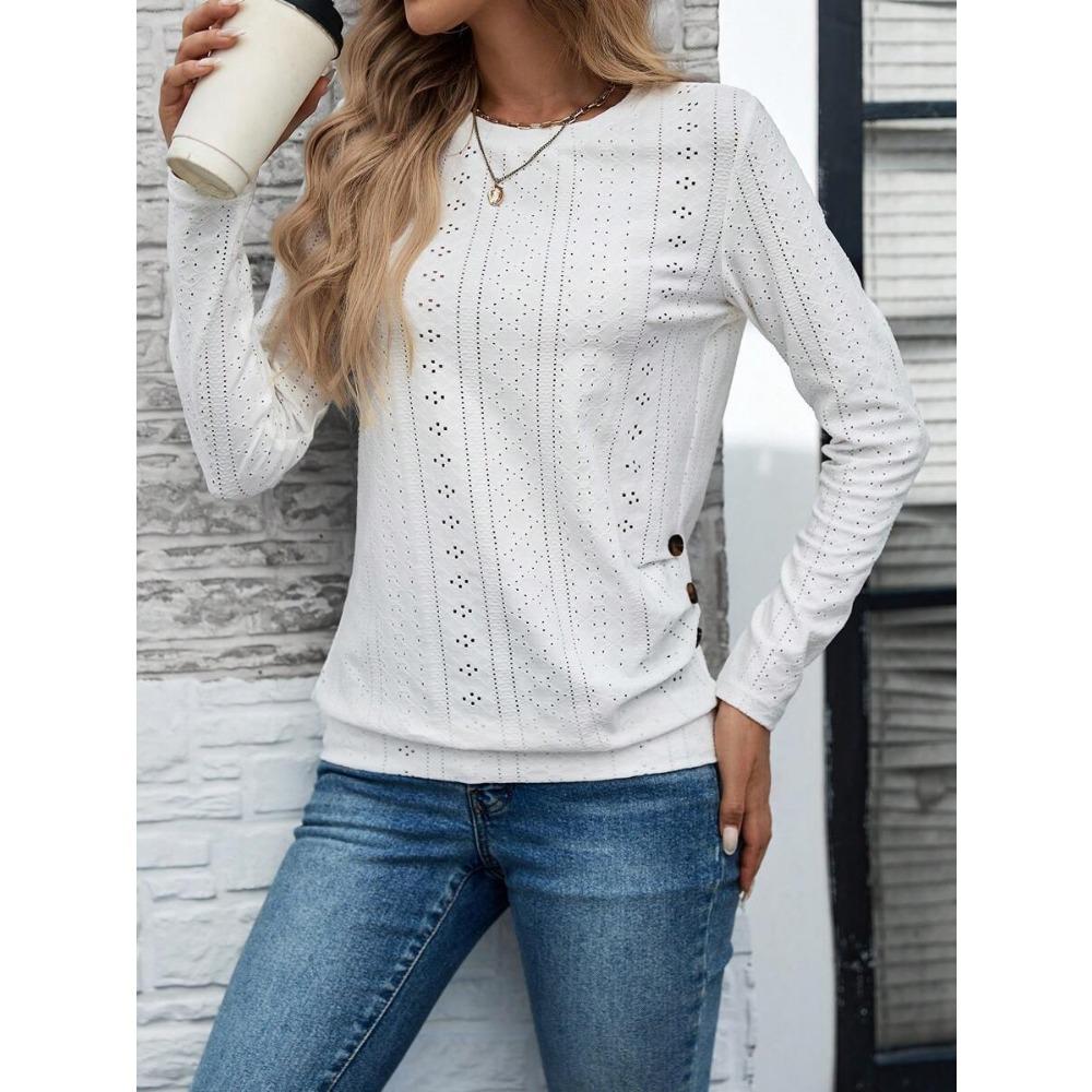 Футболка с круглым вырезом, длинными рукавами и декоративными пуговицами, модная и универсальная, повседневная для работы.