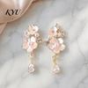 Delicate Gift for Her 1 Pair Flower Dangle Drop Earrings Women, Pink Non-slip Secure Fit with Rhinestone Teardrop Charm, Statement Jewelry Wedding,