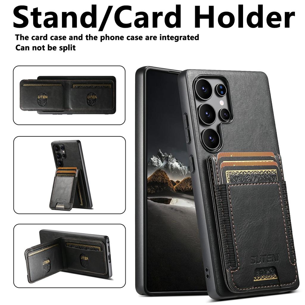 SUTENI H03 For Samsung Galaxy S25 Ultra Case Card Holder Waxy Texture Leather+TPU Phone Cover
