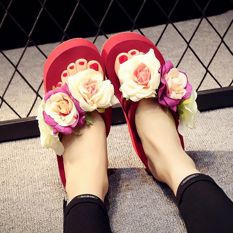 Fashion 5 CM High Heel Women Summer Flip Flops Sandals Flower Wedge Heel Holiday Female Slippers Outdoor Non-Slip Beach Shoes