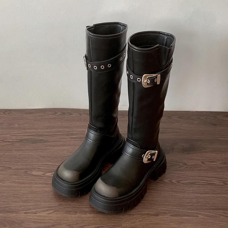 Fashion Vintage Platform Women Knee High Boots Fashion Belt Buckle Shoes Thick Heel Autumn Winter Ladies Knight Long Booties