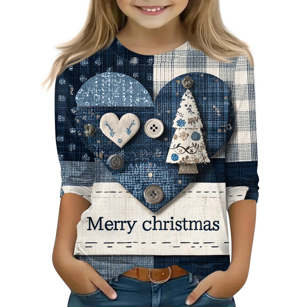 Children's 3/4 Sleeve Round Neck Top Christmas Tree Printed Everyday Casual Top