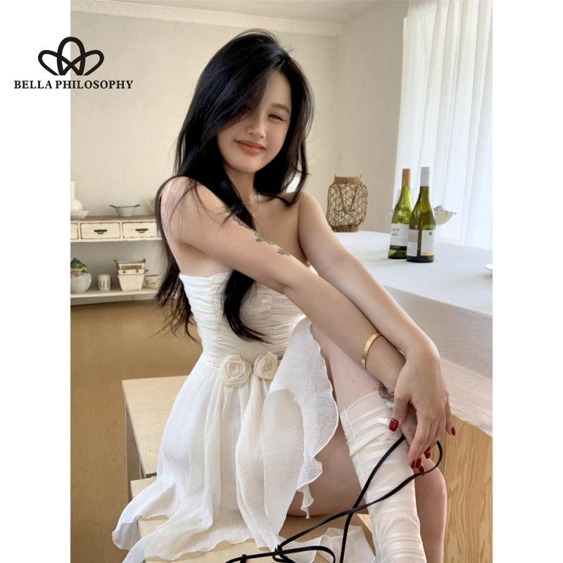 Summer Korean Style Design Sense Strapless Dress Women's Waist Flower Slimming A- Shaped Irregular Hem Short Dress