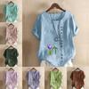 Women's Fashion Round Neck Short Sleeve T-shirt Casual Cotton Linen Graphic Shirt Leisure Loose Tulips Prined Summer Blouse Tops