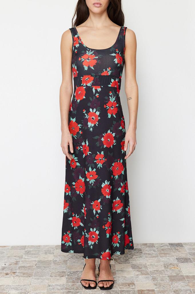 Women's Style Dress Black Straight Strap Skater Flexible Knitted Dress with Waist Opening