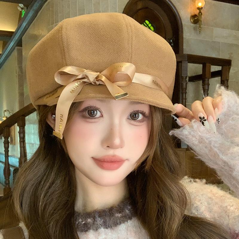 New big head circumference octagonal hat sweet bow beret femininity elegant face small bucket hat