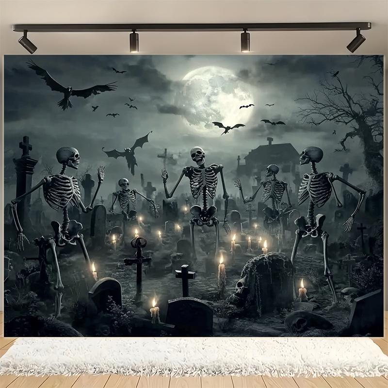 One 2D flat polyester background of a ghost cemetery featuring a full moon and skull scenes suitable for Halloween decoration