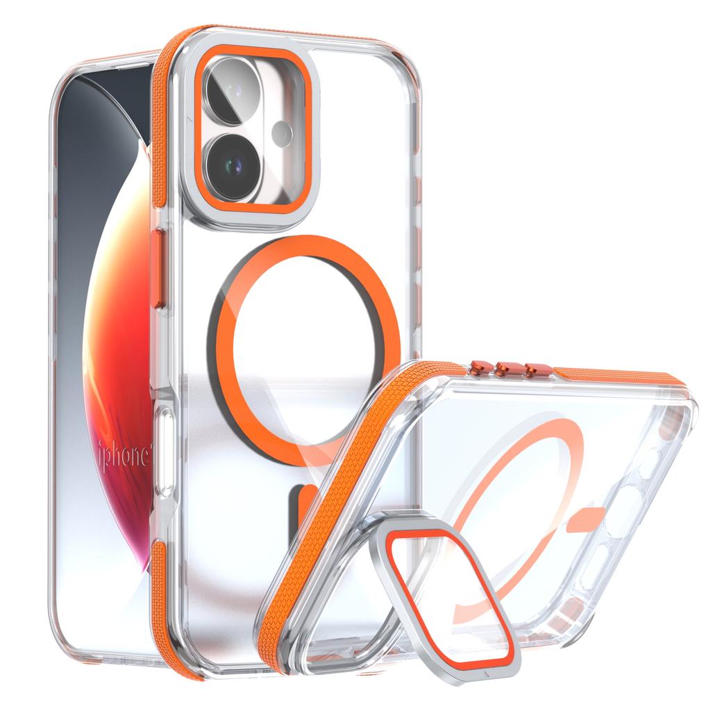 For iPhone 17 Magnetic Case TPU Acrylic Clear Phone Back Cover with Lens Protector Kickstand