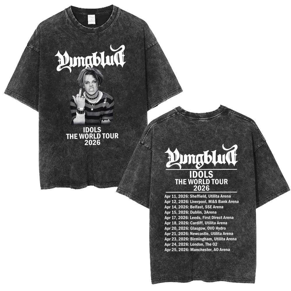 Washed Vintage Singer Yungblud IDOLS The World Tour 2026 T-shirt Men Fashion Hip Hop T Shirts Male Rock Retro Oversized T-shirts