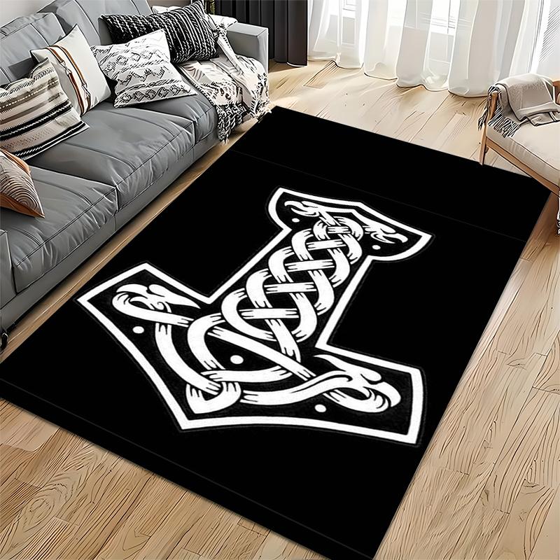 Area Rug, Viking Mjolnir Hammer White Celtic Knot Black Background Poster, Living Room Decor, Non-Slip Mat