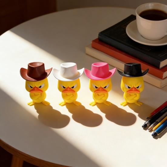 Humorous Home Accents Angry Duck Desk Figurine, 3D Printed Yellow Office Decoration with Cowboy Unique Shelf Displays Hat, Little Animal Ornament for
