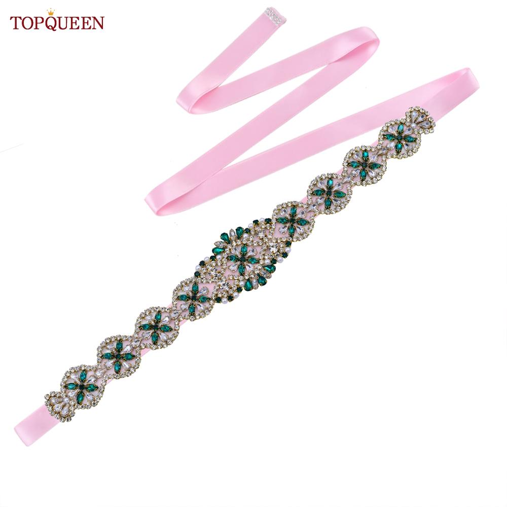 TOPQUEEN S161-KL Новое свадебное платье, пояс для женщин, золотой пояс ручной работы, роскошные аксессуары с поясом, повседневное вечернее платье, зеленые стразы