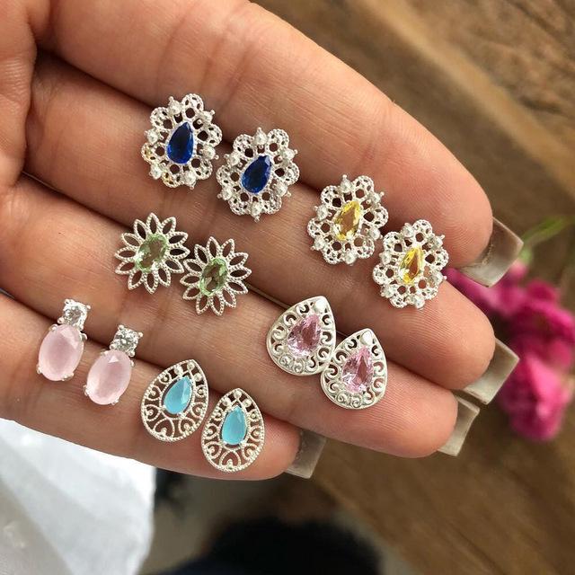 GADBLESJEW 9 Pairs/set Moon Stars Heart Lightning Bijoux Crystal Stud EarringS