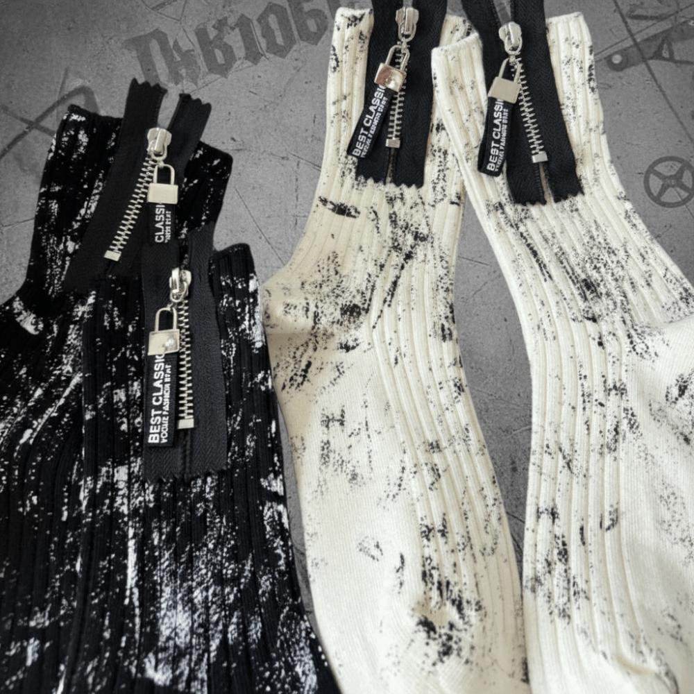 Unique Zipper Socks Spray Paint Splash Ink Streetwear Middle Socks Mid-Calf Socks For Men Women