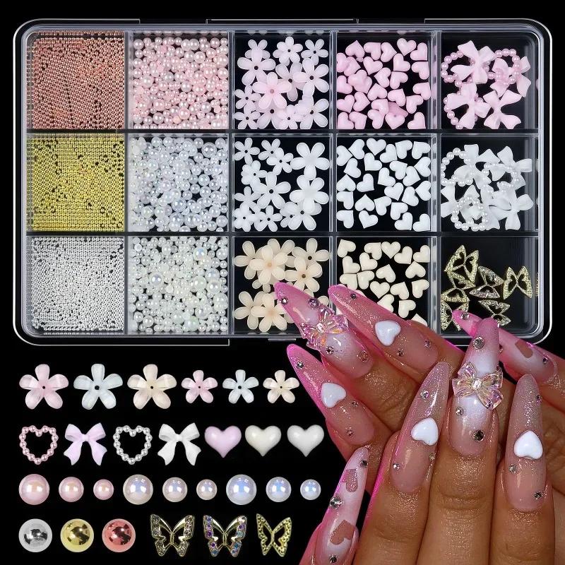 Hot New 3D Nail Art Decoration Kit with Resin Bows, Flat Back Pearls, and Assorted Shapes – Unscented DIY Craft Embellishments