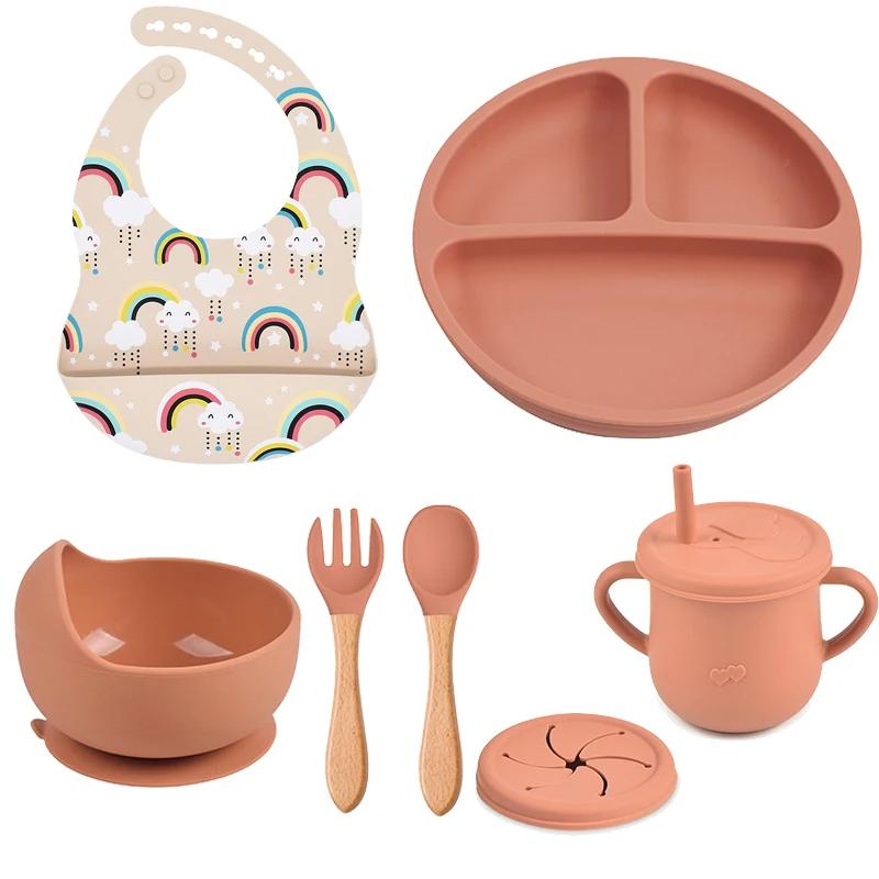 7PCS Baby Solid Silicone Tableware Set with Divided Baby Plates Feeding Bowls Straw Cup and Spoon for Toddler Training BPA Free