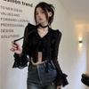 Gothic Women Lace Blouses Grunge Y2k Crop Top Female Shirts Elegant Black Transparent Cardigan Korean Streetwear