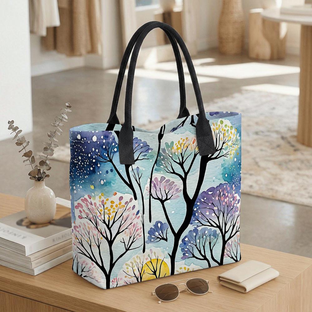 Watercolor Tree Print Tote Bag Fashion Large Capacity Casual Shoulder Handbag for Daily Use