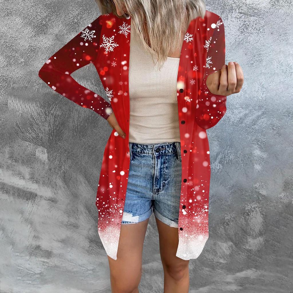 Women's Fashion Casual Long-sleeved Print Medium Length Cardigan Button Jacket Coat