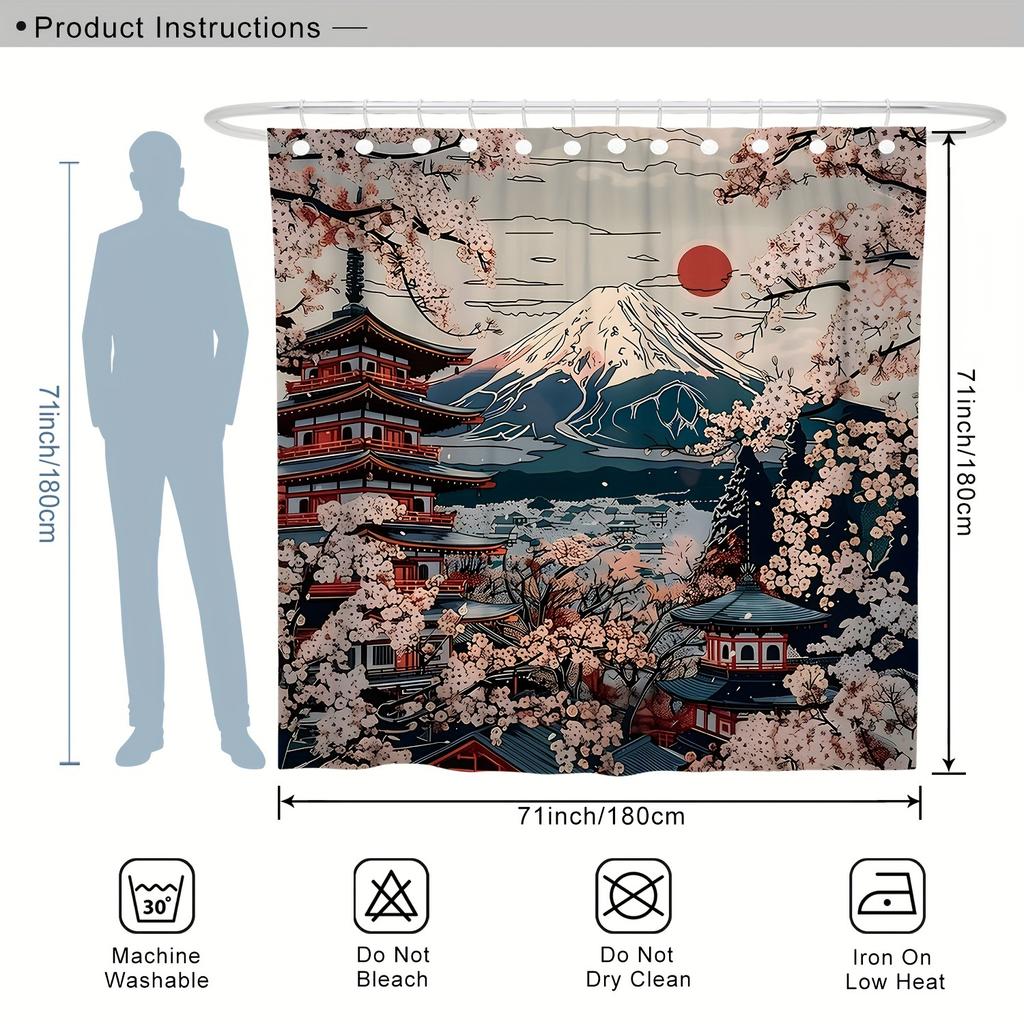 1 шт. Японская ретро шторка для душа - Дизайн "Цветущая сакура и гора", Красное солнце, Синие и розовые оттенки, Полиэстер, Машинная стирка