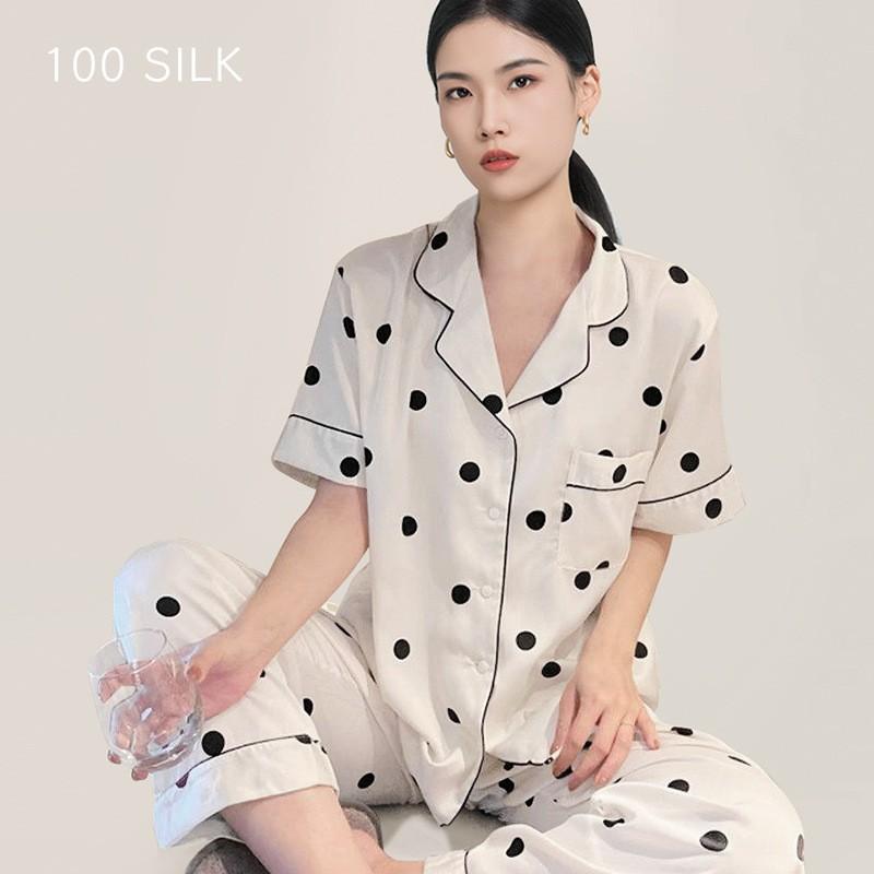 100% Pure Mulberry Silk Pajama Set Women Short Sleeve Lounge Wear With Polka Dot Print Lightweight Sleepwear