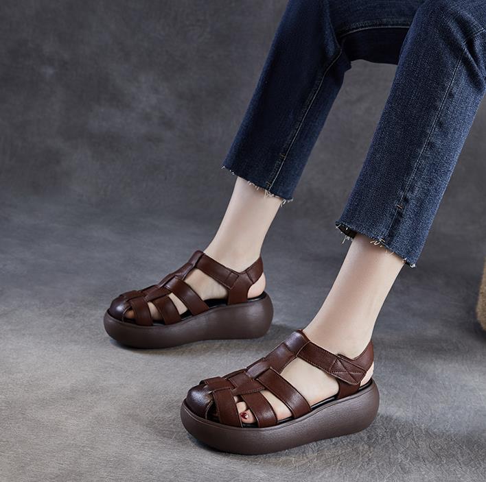 Fashion High Quality 6CM Cow Weave Genuine Leather Hollow Booties Sandals Boots Flats Women Mary Jane Pumps Platform Wedge SummerShoes