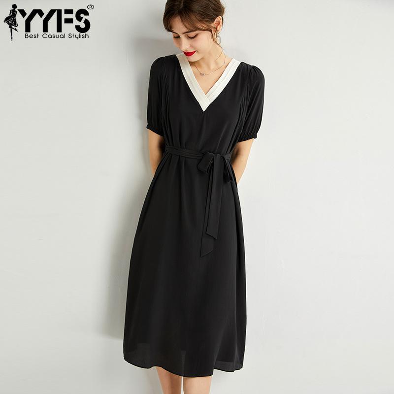 YYFS Women's Fashion Summer Solid Color Print Short Sleeve V-Neck Casual Dresses