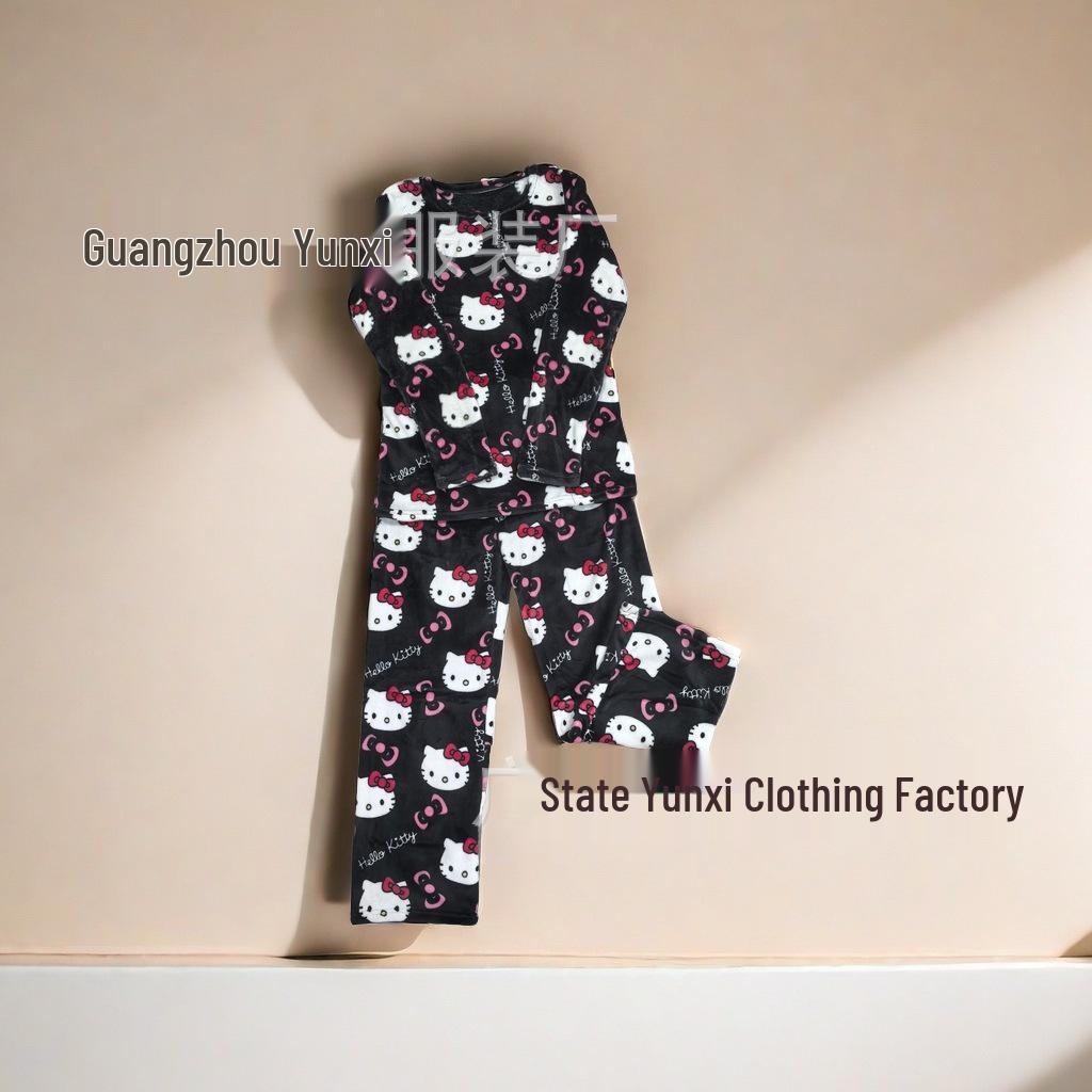 Женский двухкомпонентный пижамный комплект из фланелевого флиса с подкладкой - Теплая осенне-зимняя повседневная домашняя одежда