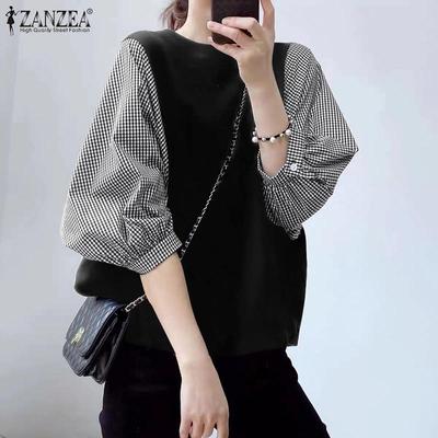 Женская модная клетчатая блузка с рукавом 3/4 в стиле пэчворк, футболка, топы