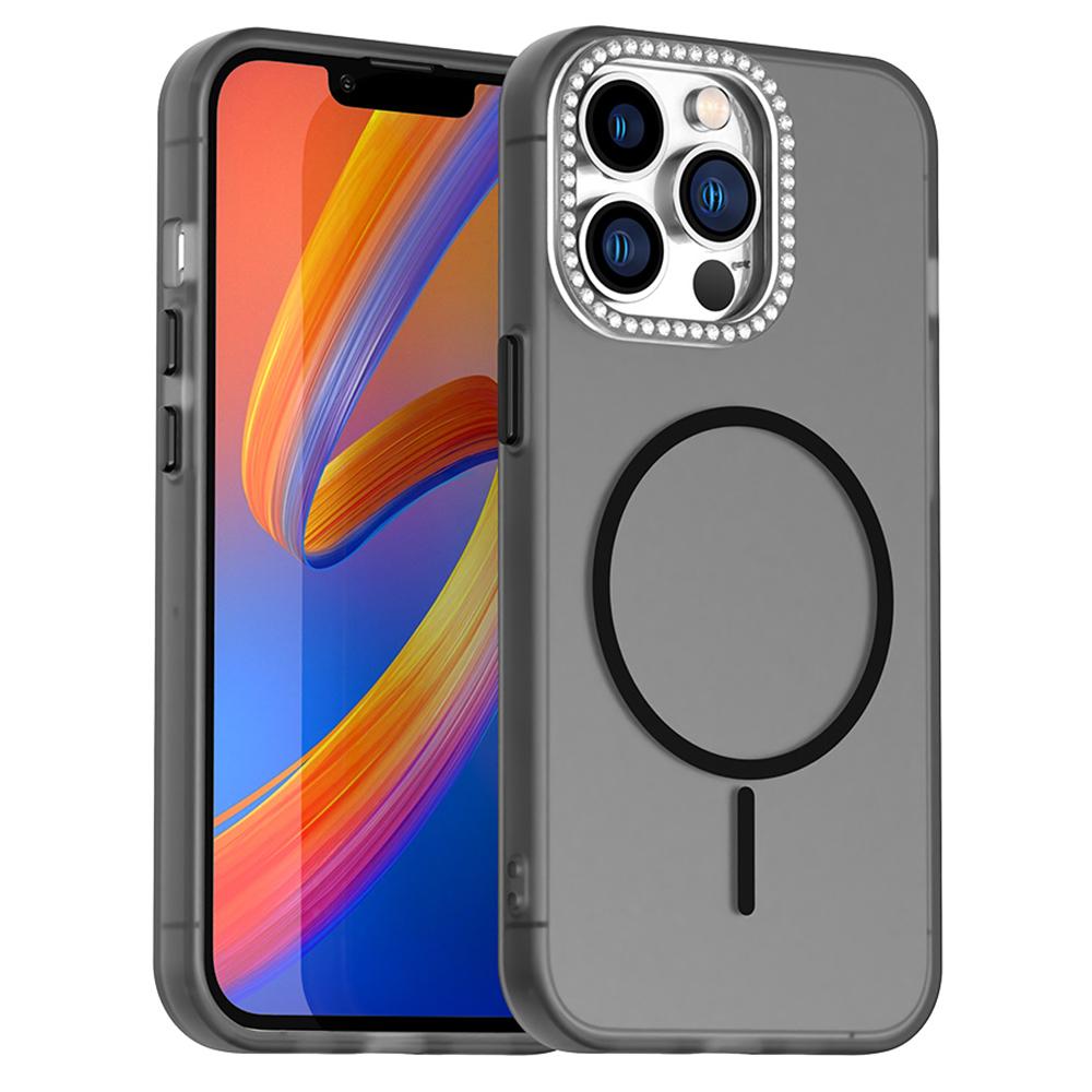 For iPhone 13 Pro Max Case Compatible with MagSafe TPU+PC+PET Phone Cover Rhinestone Decor Lens Frame