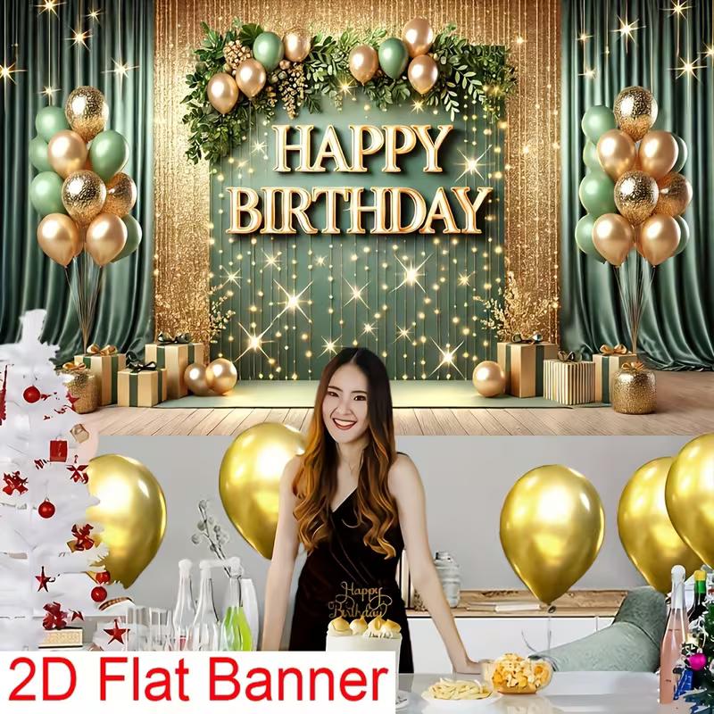 2D Green Gold Happy Birthday Backdrop Curtain & Balloon Party Background Banner