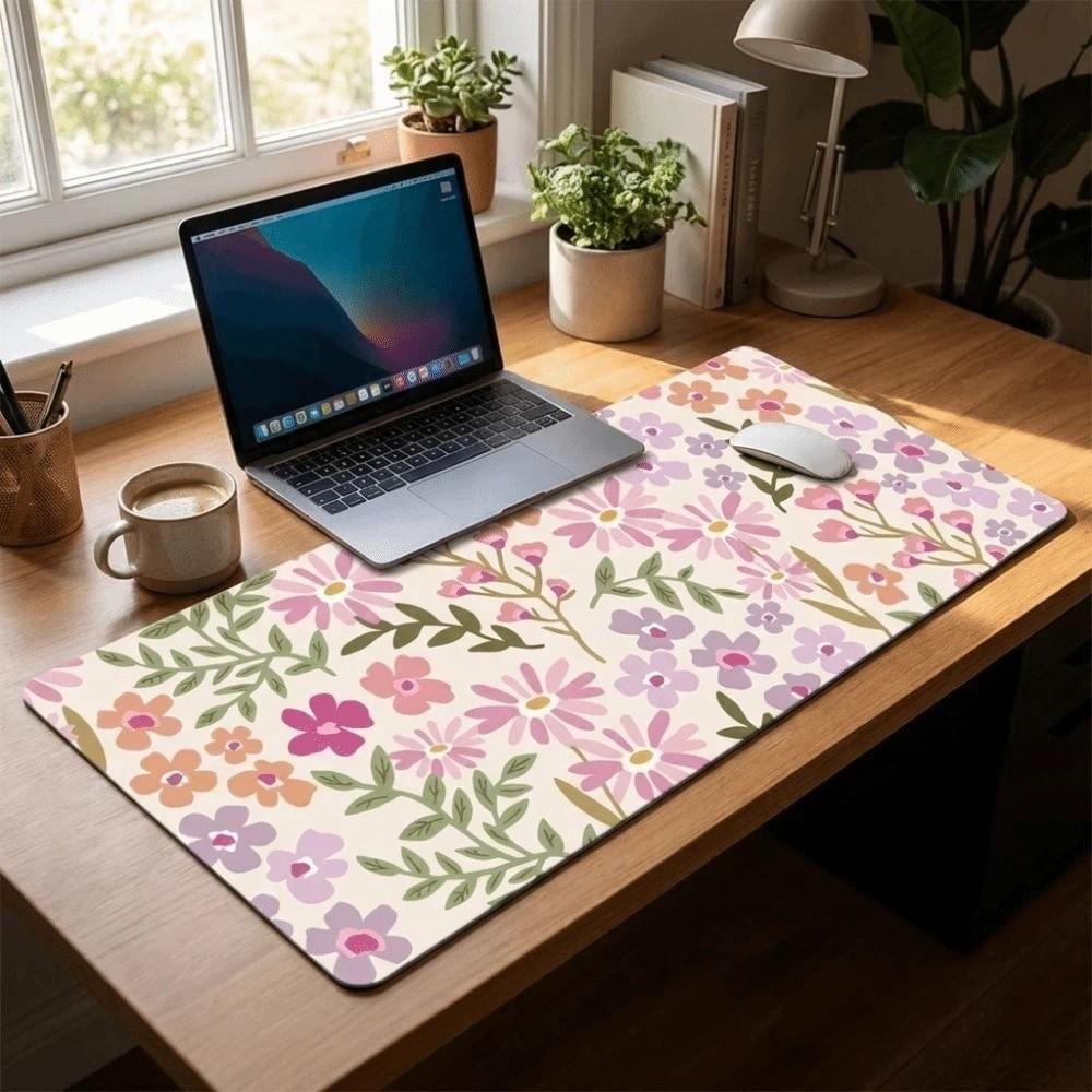 Desk Mat Large Floral Desk Pad Rubber Base Stitched Edge Mouse Pad Non-Slip Flower Pattern Gaming Mats Office
