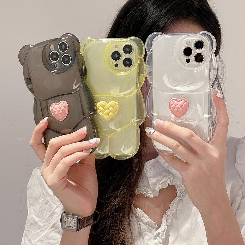 Прозрачный чехол для телефона с милым сердечком и 3d медведем для Iphone 13 12 11 Pro Max X Xr Xs Pro Max, противоударный, ярких цветов, задняя крышка