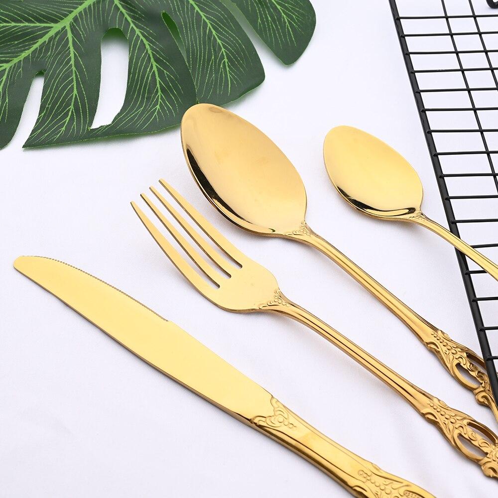16Pcs/4Set Royal Gold Flatware Mirror Polish Stainless Steel Dinnerware Knife Fork Spoon For Wedding Housewarming Event Party