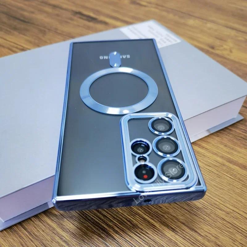 Plating Transparent For Magsafe Case For Samsung Galaxy S25 S24 S23 S22 S21 Ultra Plus S 25 24 23Ultra Mag Safe Glass Lens Cover