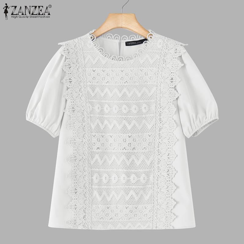 ZANZEA Женская повседневная блузка с круглым вырезом, коротким рукавом, свободного кроя, с лоскутным узором, связанным крючком