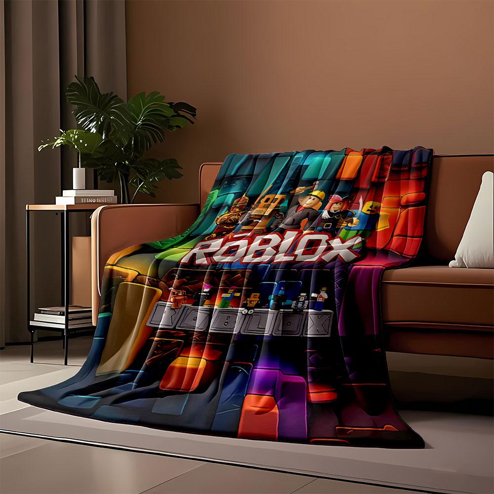 Colorful 3D blocks with Roblox characters and logo in the foreground. for all seasons blanket lunch break throw gift