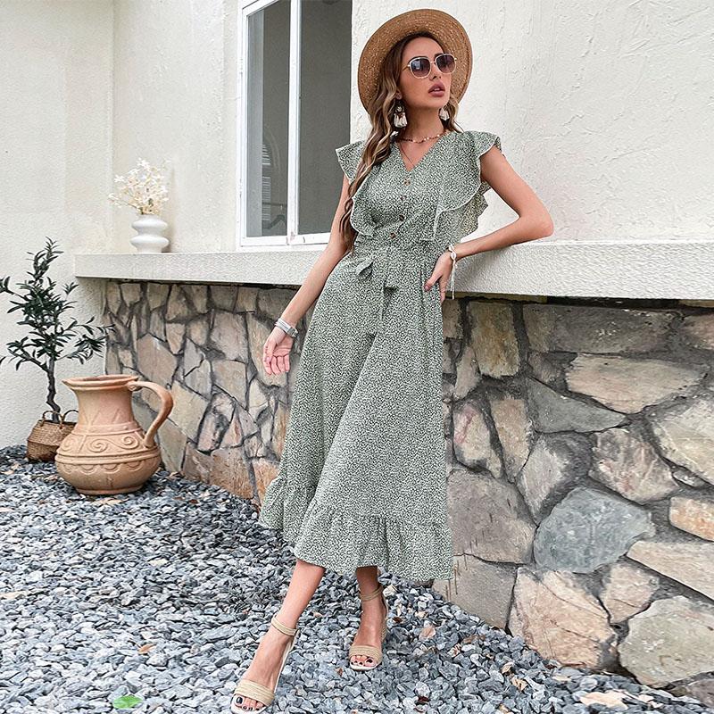 YYFS Женские винтажные летние весенние повседневные платья с цветочным принтом и коротким рукавом с v-образным вырезом и высокой талией