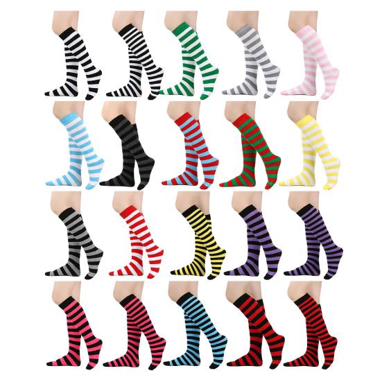 Women Striped Knee-high Socks Colorful Stretchy Knee-length Socks Ribbed Leg Warmers for Costume Party Street Daily Wear